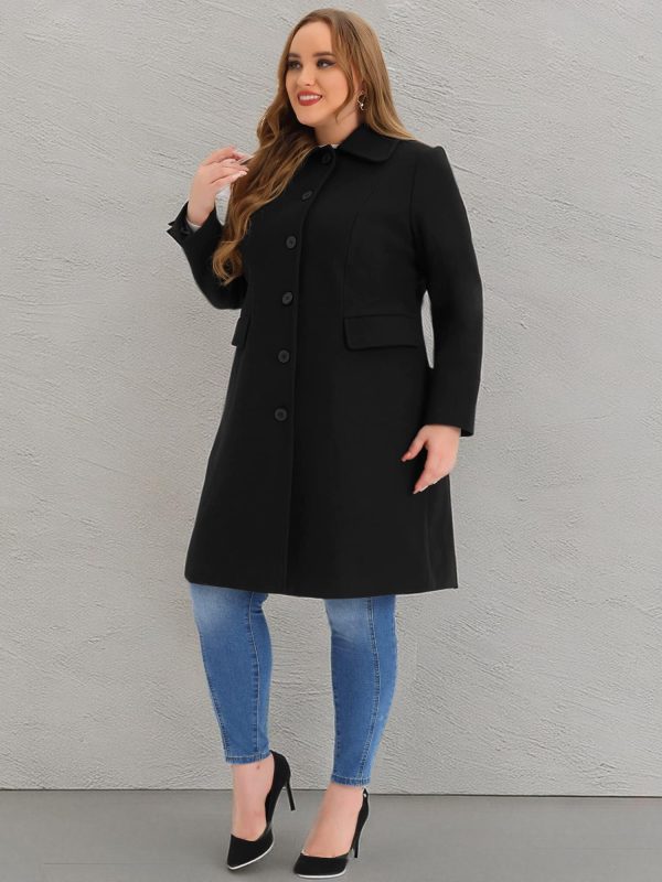 Plus Size Women Long Coats Peter Pan Collar Single Breasted with Pockets Trench Winter Long Peacoat