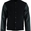 Varsity Letterman Baseball Bomber Retro Vintage Jacket Solid Black Wool Black Genuine Leather Sleeves