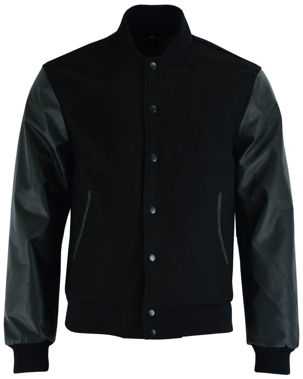 Varsity Letterman Baseball Bomber Retro Vintage Jacket Solid Black Wool Black Genuine Leather Sleeves