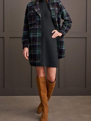 Women's Boucle Plaid Jacket Flap-top Patch Chest Pockets with Notch Collar
