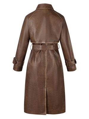 Women Trench Coat Long Loose Jacket Faux PU Leather Oversize Classic Lapel Overcoat with Belt