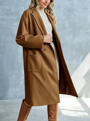 Womens Lapel Peacoat Winter Double-Breasted Outerwear Mid Long Jacket Casual Trench Coat
