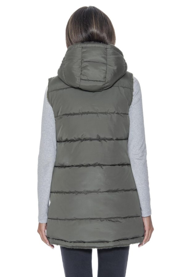 S.E.B Women's Long Reversible Puffer Vest with Hood, Puffy Sleeveless Vest Reverses to Lux Faux Fur for Winter and Fall