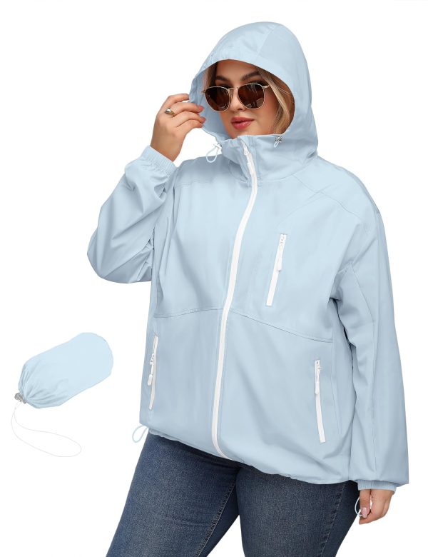 Plus Size Womens Rain Jacket with Hood Waterproof Raincoats Lightweight Packable Outdoor Trench Coat XL-5XL