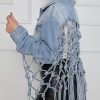 Womens Loose Long Fringe Distressed Denim Jacket Cropped Button Down Ripped Back Knotted Jean Coat