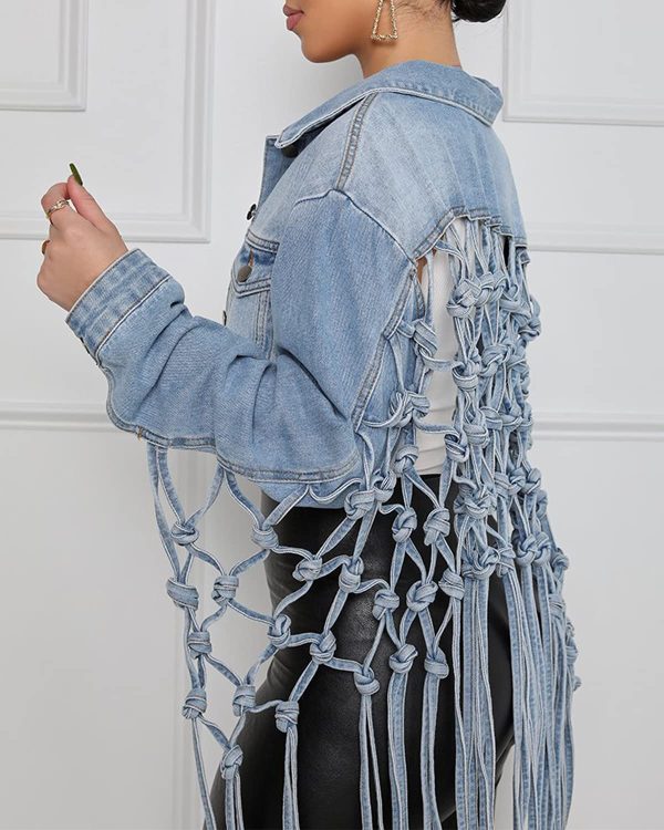 Womens Loose Long Fringe Distressed Denim Jacket Cropped Button Down Ripped Back Knotted Jean Coat