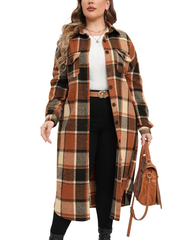 2024 Women's 0X-5X Plus Size Long Flannel Plaid Shacket Jacket Oversized Button Down Coats Shirts with Pockets