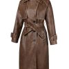 Women Trench Coat Long Loose Jacket Faux PU Leather Oversize Classic Lapel Overcoat with Belt