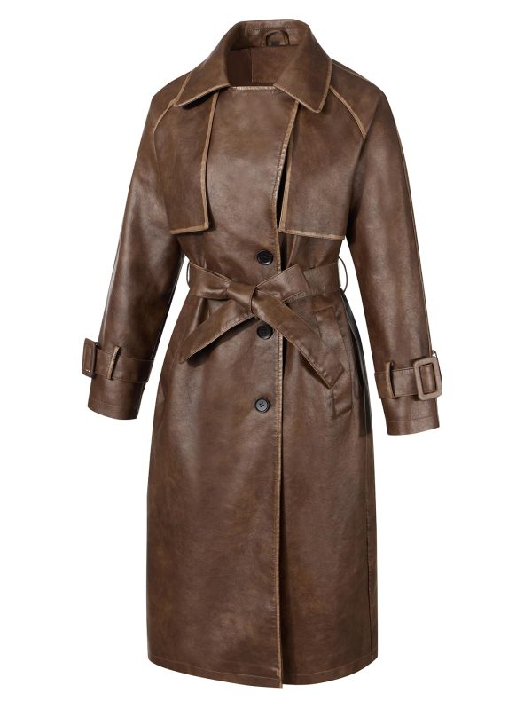 Women Trench Coat Long Loose Jacket Faux PU Leather Oversize Classic Lapel Overcoat with Belt