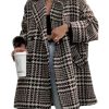 Women Winter Houndstooth Wool Blend Coat Notch Lapel Loose Warm Mid Long Double Breasted Peacoat