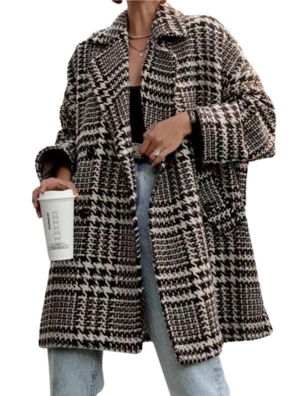 Women Winter Houndstooth Wool Blend Coat Notch Lapel Loose Warm Mid Long Double Breasted Peacoat