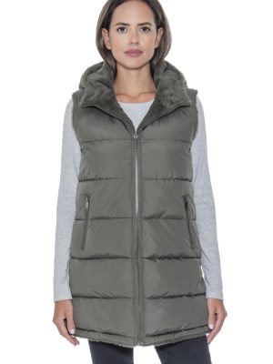 S.E.B Women's Long Reversible Puffer Vest with Hood, Puffy Sleeveless Vest Reverses to Lux Faux Fur for Winter and Fall