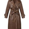Women Trench Coat Long Loose Jacket Faux PU Leather Oversize Classic Lapel Overcoat with Belt
