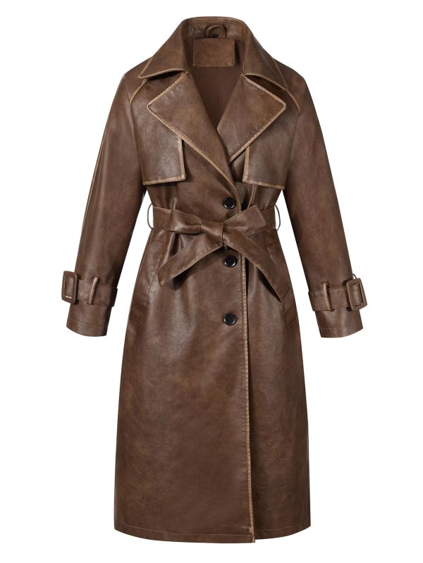 Women Trench Coat Long Loose Jacket Faux PU Leather Oversize Classic Lapel Overcoat with Belt