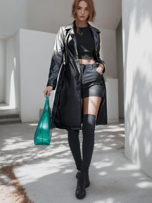 Women Trench Coat Long Jacket PU Leather Classic Lapel Coat with Belt