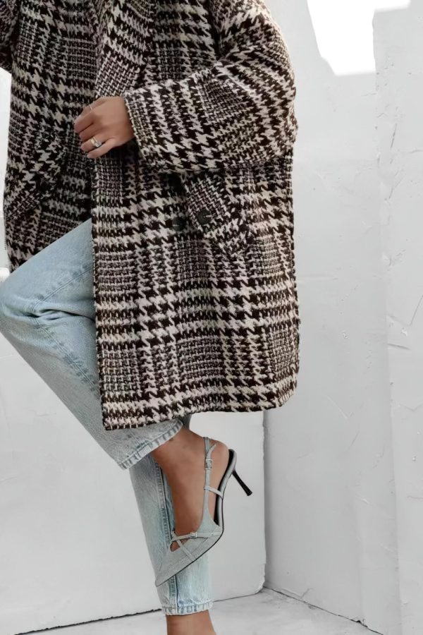 Women Winter Houndstooth Wool Blend Coat Notch Lapel Loose Warm Mid Long Double Breasted Peacoat