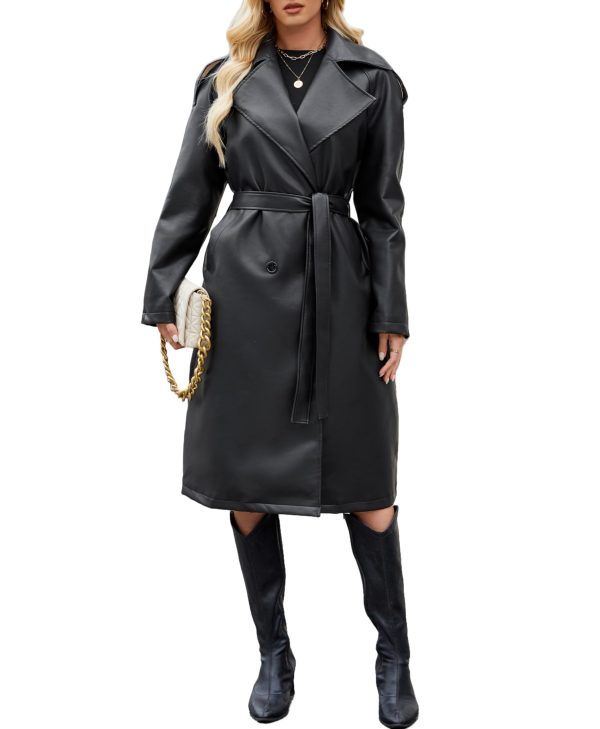 Leather Jacket Women Trench Coat Long Loose Button Lined Jacket Open Front Faux Motorcycle Coat with Belt