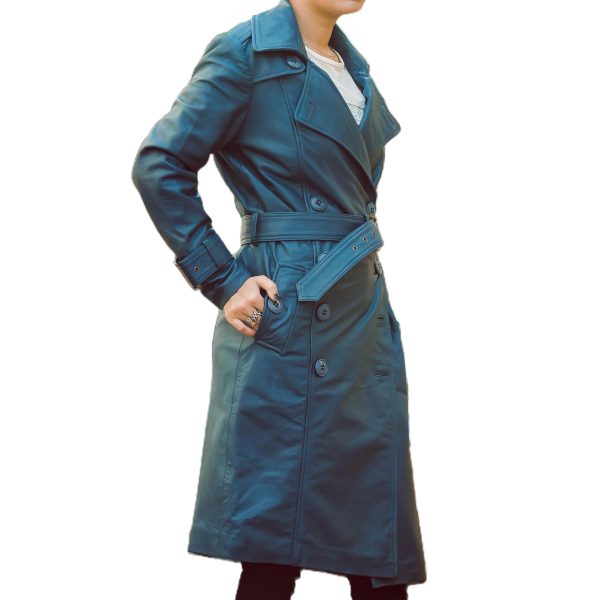 Double Breasted Premium Leather Trench Coat for Women - Classic Lapel Car Coat Style Long Leather Jacket Women with Belt