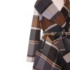 Women's Turn Down Shawl Collar Earth Tone Check Asymmetric Hemline Wool Blend Coat