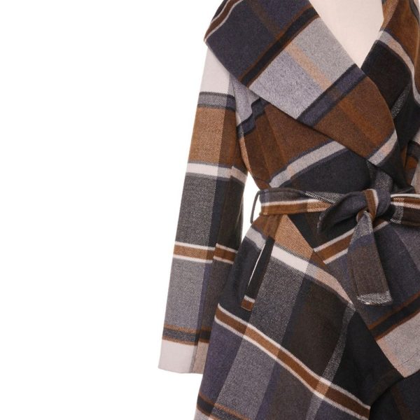 Women's Turn Down Shawl Collar Earth Tone Check Asymmetric Hemline Wool Blend Coat