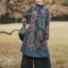 Women Winter Trench Coat Long Overcoat Printed Windbreaker Vintage Chinese Fleece Lined Warm Jacket