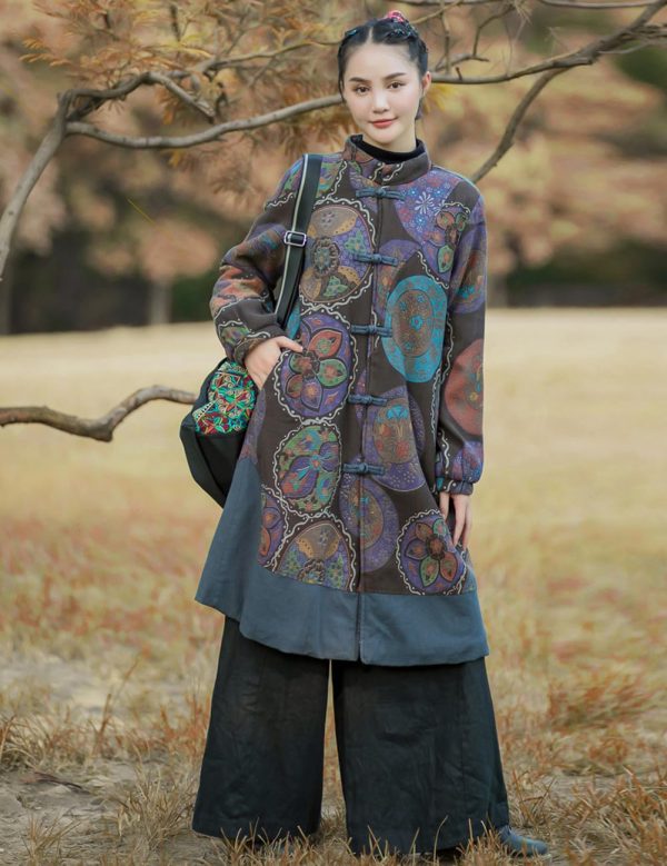 Women Winter Trench Coat Long Overcoat Printed Windbreaker Vintage Chinese Fleece Lined Warm Jacket