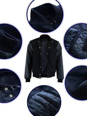 Varsity Letterman Baseball Bomber Retro Vintage Jacket Solid Black Wool Black Genuine Leather Sleeves