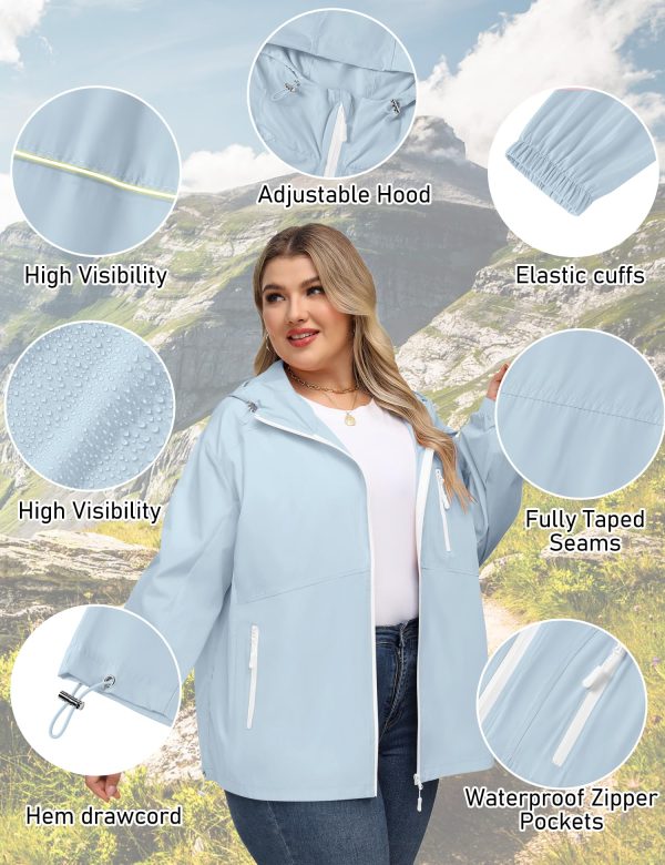 Plus Size Womens Rain Jacket with Hood Waterproof Raincoats Lightweight Packable Outdoor Trench Coat XL-5XL
