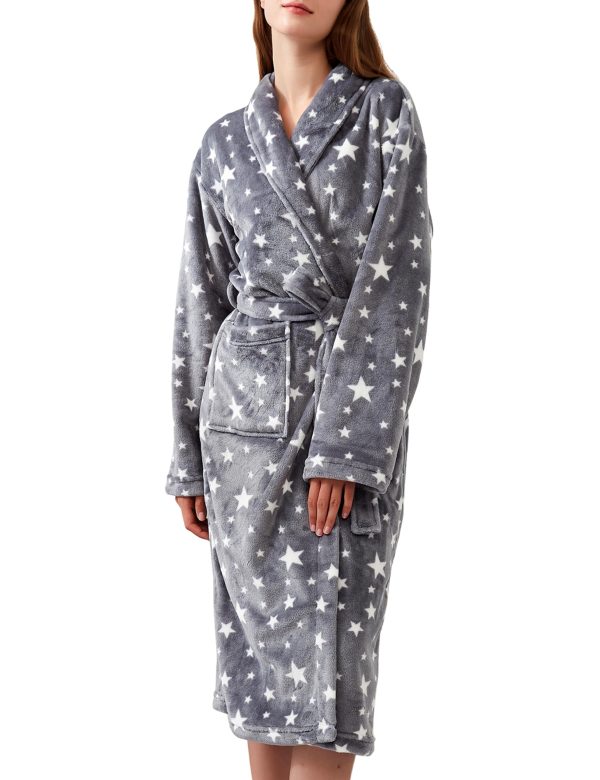 Women's Fleece Bath Robe Full Length Plush Soft Bathrobe Warm Lounge Sleepwear Robe with Pockets Gift for Mom Wife Dad Friend