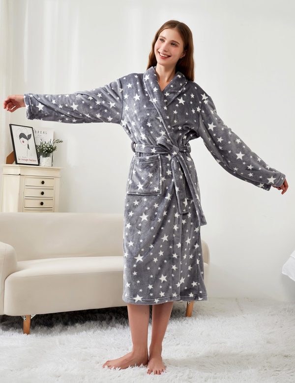 Women's Fleece Bath Robe Full Length Plush Soft Bathrobe Warm Lounge Sleepwear Robe with Pockets Gift for Mom Wife Dad Friend