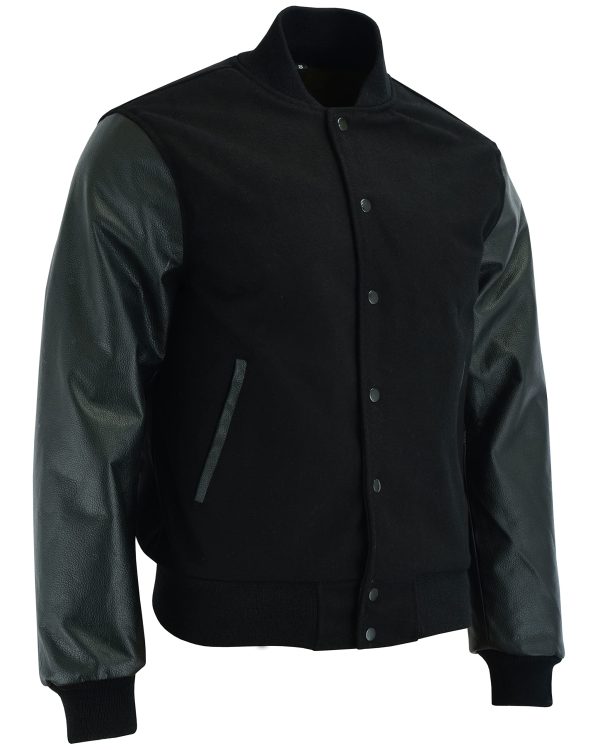 Varsity Letterman Baseball Bomber Retro Vintage Jacket Solid Black Wool Black Genuine Leather Sleeves