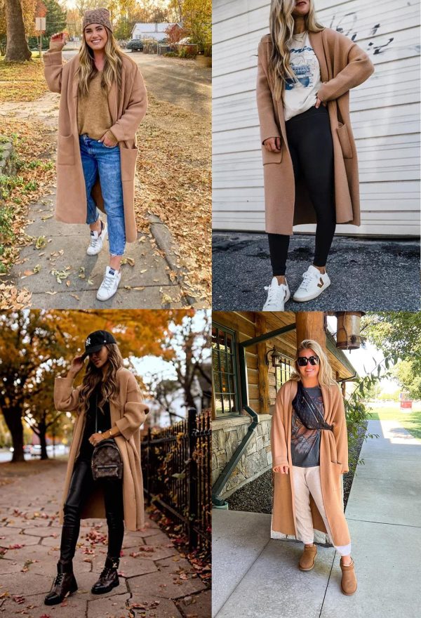Womens Long Sleeve Maxi Cardigan Open Front Oversized Knitted Sweater Coat Casual Lapel Warm Overcoat with Pockets