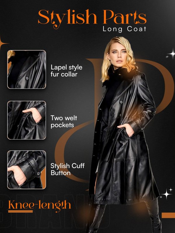 Women's Genuine Leather Coat with Faux Fur Collar, Winter Style Sleeve Furry Trim Peplum Long Coat with Belt