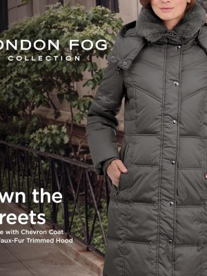 Women's Chevron Coat with Faux Fur Trimmed Hood