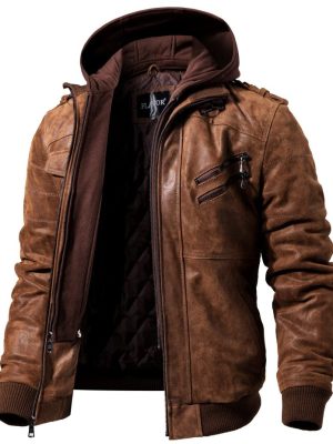 Men Brown Leather Motorcycle Jacket with Removable Hood