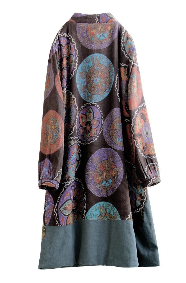 Women Winter Trench Coat Long Overcoat Printed Windbreaker Vintage Chinese Fleece Lined Warm Jacket
