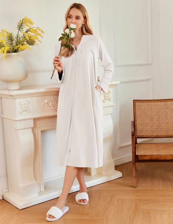 Zipper Robes for Women Long Knit Bathrobes Lightweight Full Length Housecoat with Pockets Nightgown S-3XL