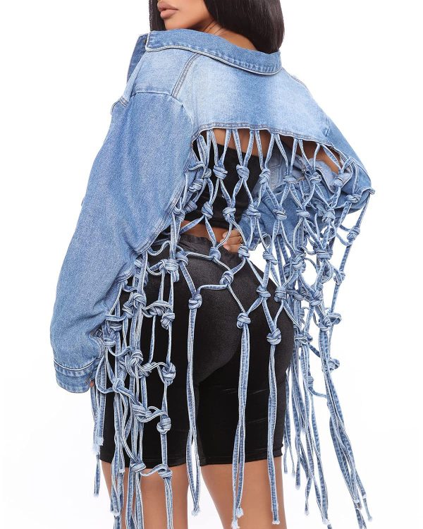 Womens Loose Long Fringe Distressed Denim Jacket Cropped Button Down Ripped Back Knotted Jean Coat