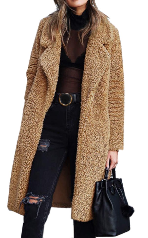 Women's Fuzzy Fleece Lapel Open Front Long Cardigan Coat Faux Fur Warm Winter Outwear Jackets