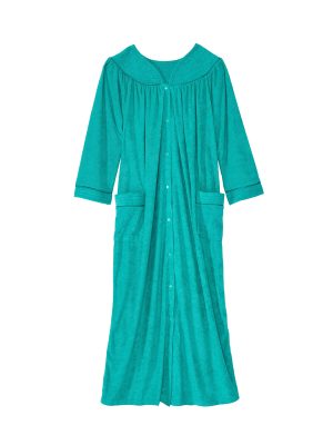 Women Full-Length Snap Front Terrycloth Long Bathrobe – Loose Absorbent Full-Coverage Plush Long Ankle Bath Robe