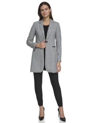 Women's Long Plaid Fitted Single Button Blazer
