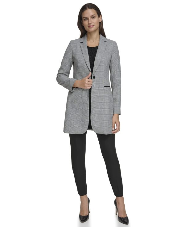 Women's Long Plaid Fitted Single Button Blazer