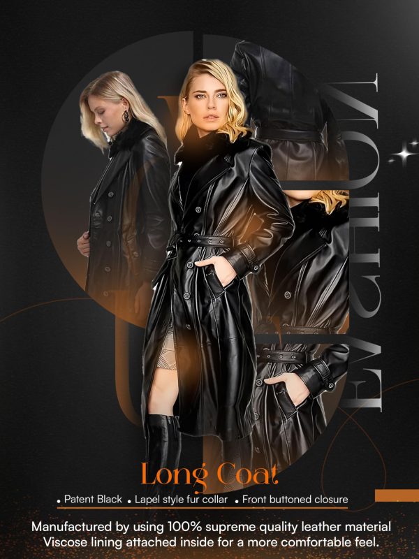 Women's Genuine Leather Coat with Faux Fur Collar, Winter Style Sleeve Furry Trim Peplum Long Coat with Belt