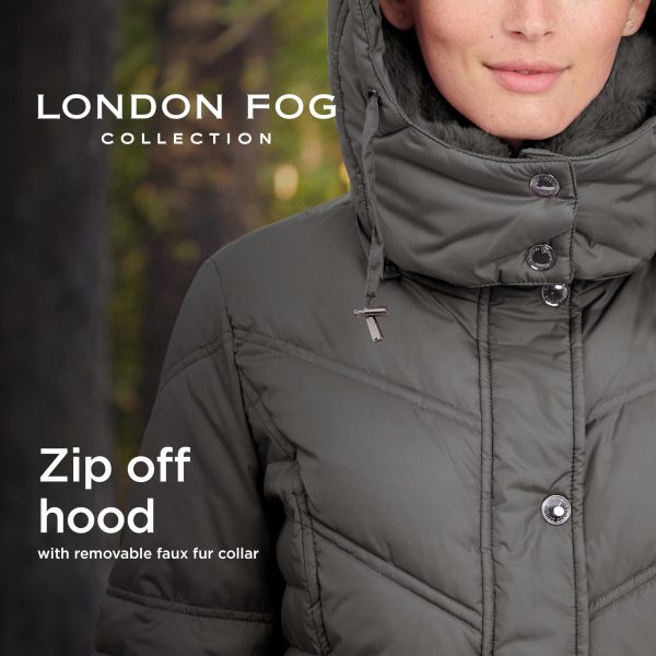 Women's Chevron Coat with Faux Fur Trimmed Hood