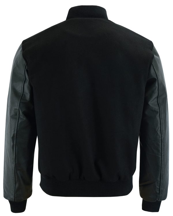 Varsity Letterman Baseball Bomber Retro Vintage Jacket Solid Black Wool Black Genuine Leather Sleeves