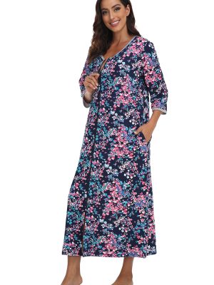 Womens Zipper Front Robes 3/4 Sleeve Housecoat Long Nightgowns Loose Loungewear with Pockets