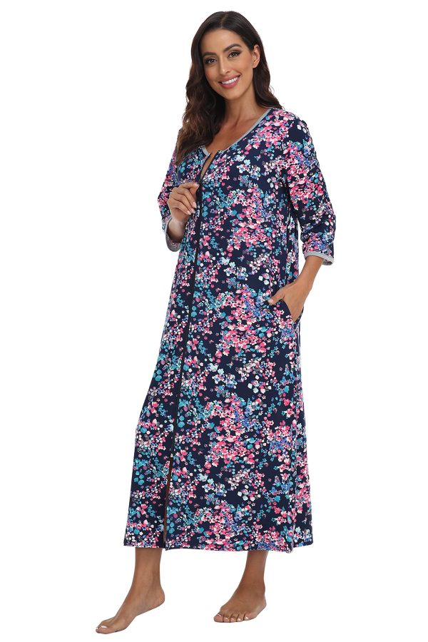 Womens Zipper Front Robes 3/4 Sleeve Housecoat Long Nightgowns Loose Loungewear with Pockets