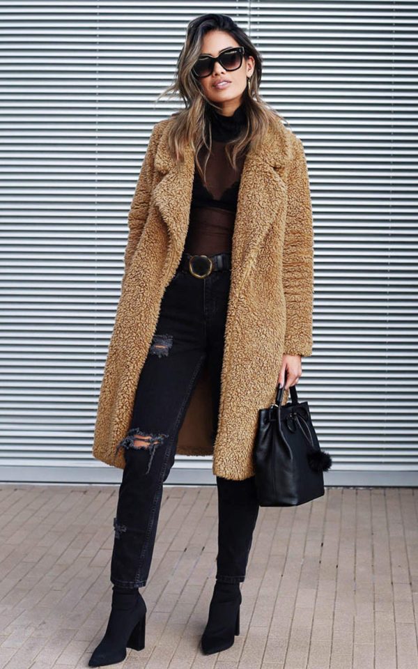 Women's Fuzzy Fleece Lapel Open Front Long Cardigan Coat Faux Fur Warm Winter Outwear Jackets
