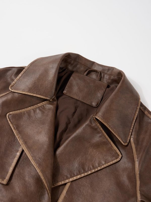 Women Trench Coat Long Loose Jacket Faux PU Leather Oversize Classic Lapel Overcoat with Belt