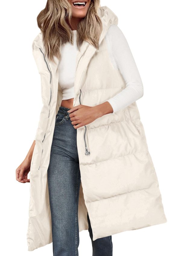 Womens Long Puffer Vest Fall Winter Trendy Zip Up Sleeveless Coat Down Jacket Quilted Hooded Warm Outerwear